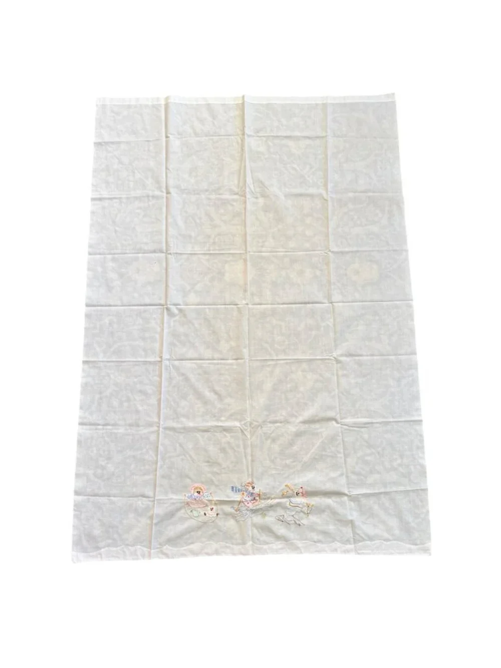 Vintage Embroidered Baby Crib Flat Sheet Jump Rope Skiing Baseball White Pink